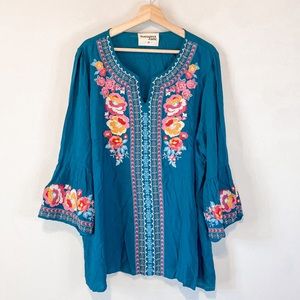 Savanna Jane Teal Blue Embroidered Floral V Neck 3/4 Sleeve Blouse Size 2X